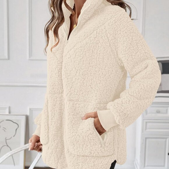 Women Half Zip Pullover Long Sleeve Casual Fuzzy Sherpa Fleece Jacket Sweatshirt - Picture 4 of 6